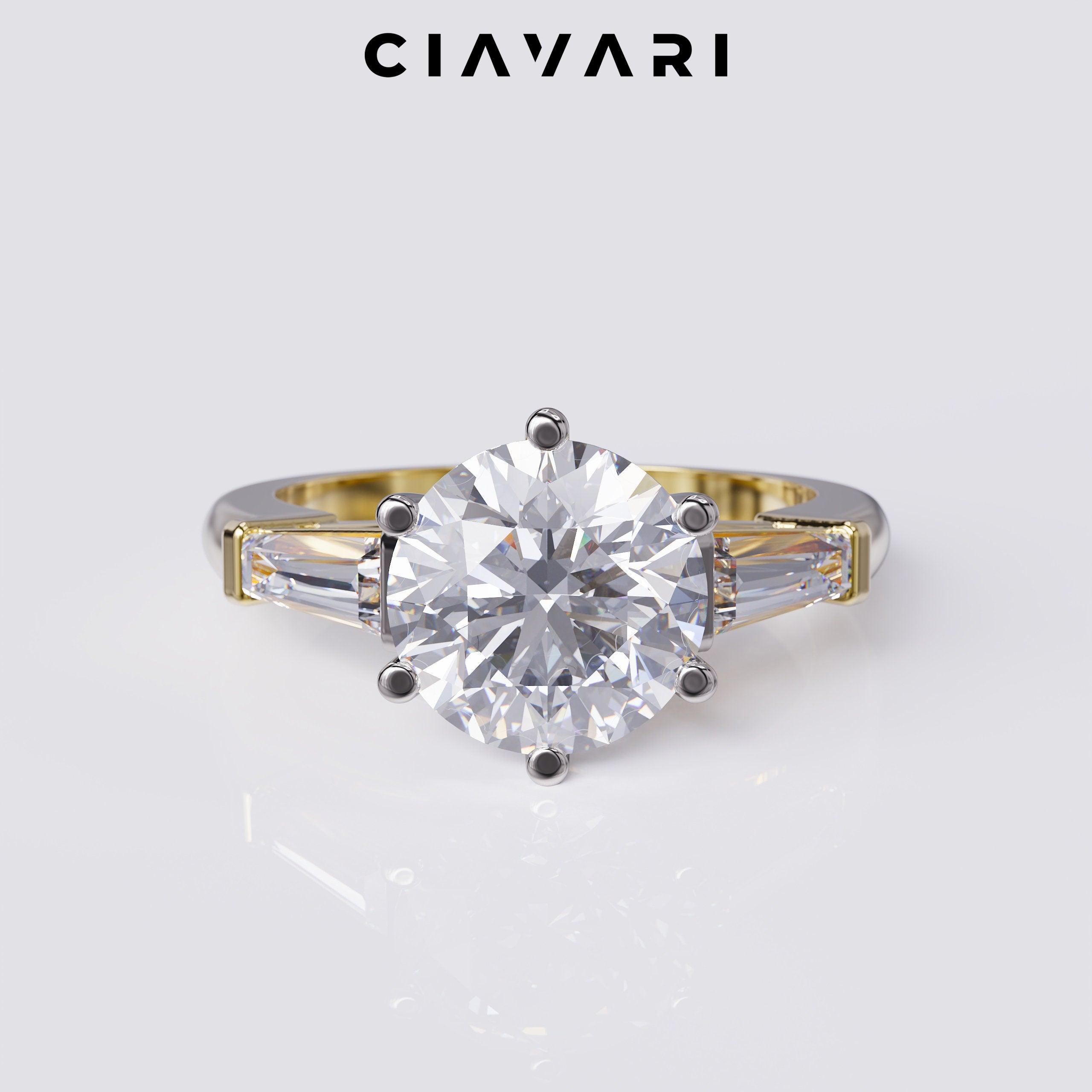 3 Carat Two Toned Engagement Ring With Tapered Baguette GIA Certified Diamond