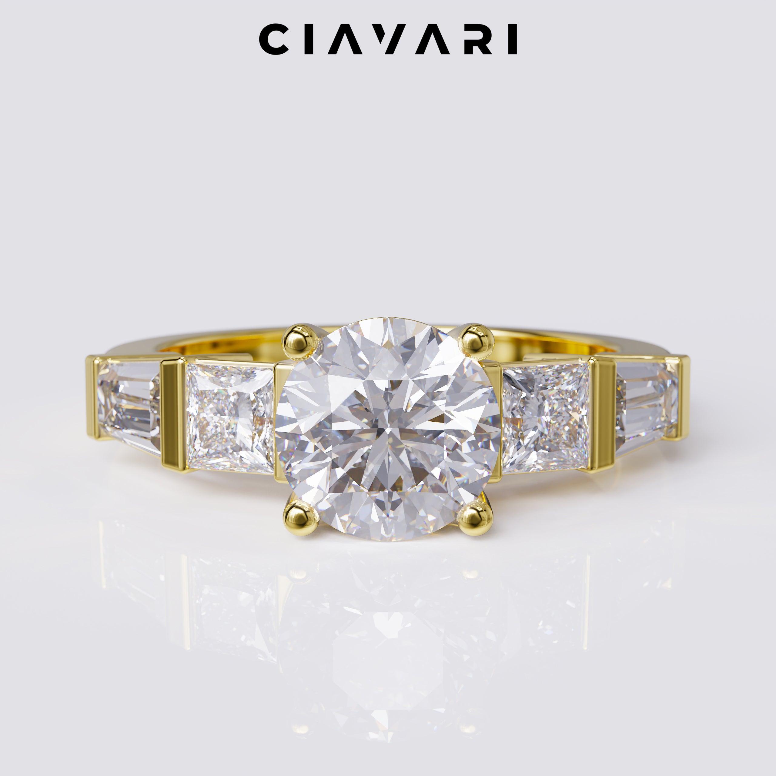 2.30 Carat Round Engagement Ring With Princess and Tapered Baguettes Side Stones GIA Certified Diamond