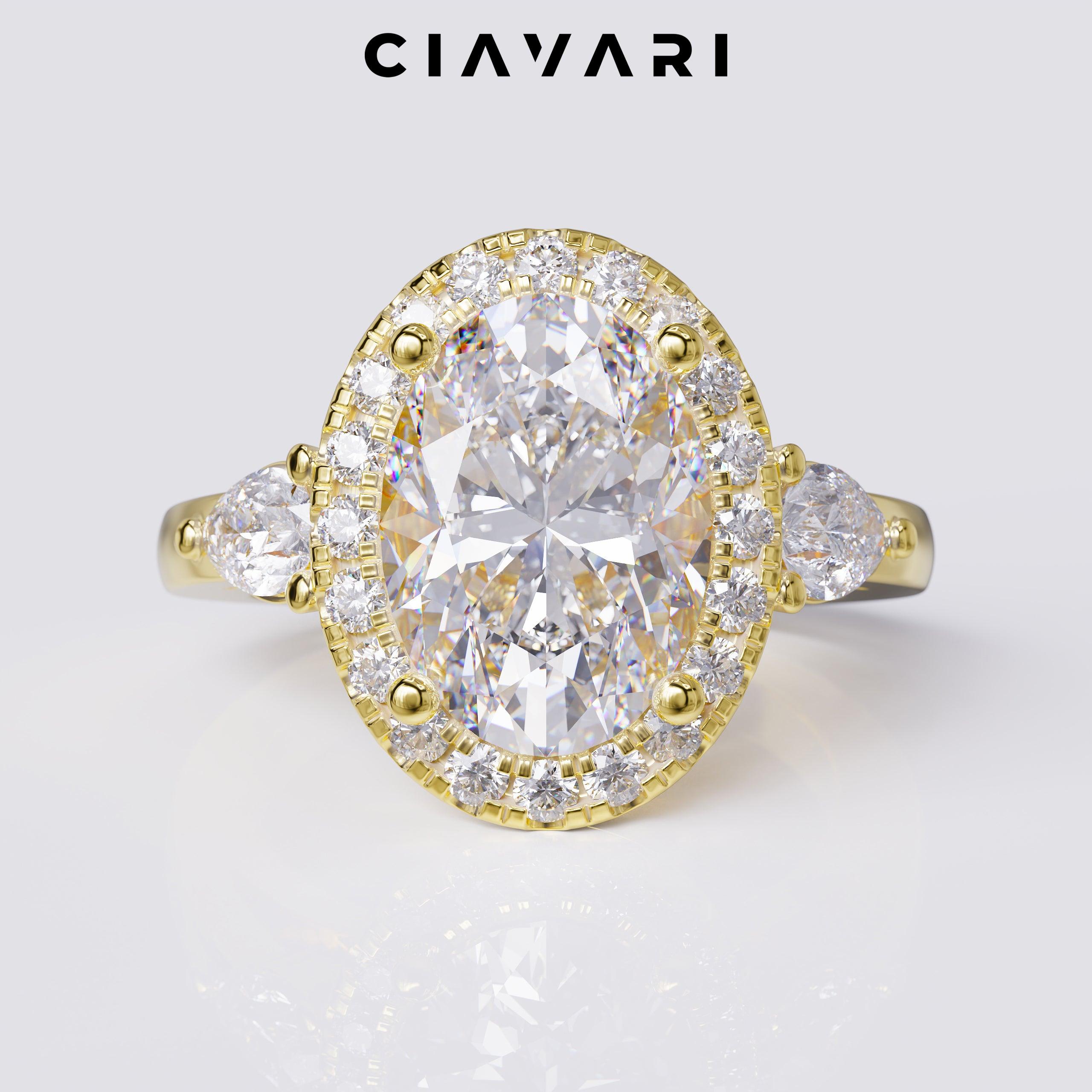 3.15 Carat Oval Cut Engagement Ring With Halo and Pear Shape Side Stones GIA Certified Diamond